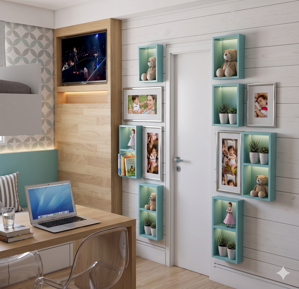 Quarto com nichos azuis e fotos em paredes de lojas.