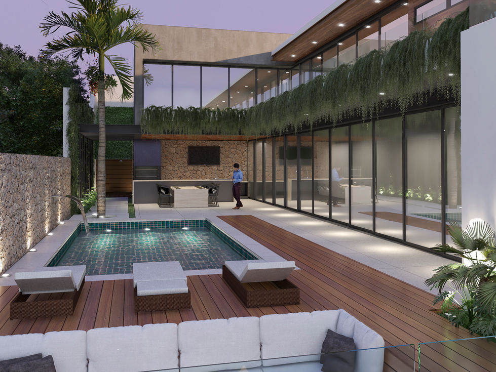 Área externa de lojas com piscina e arquitetura moderna.