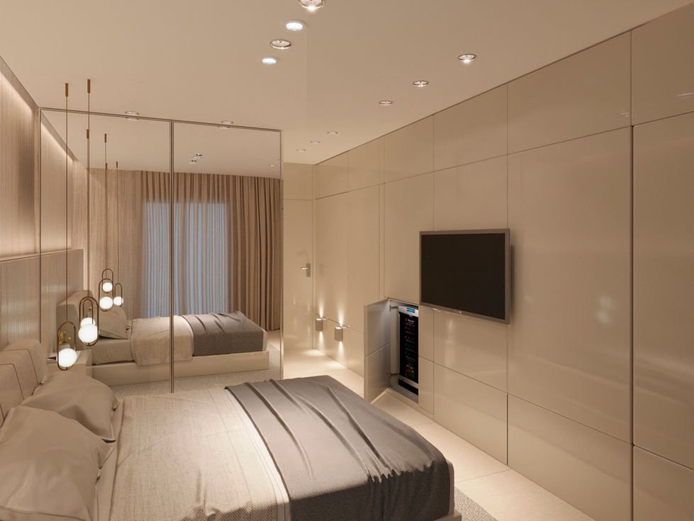 Quarto luxuoso com cama moderna e TV integrada na parede.