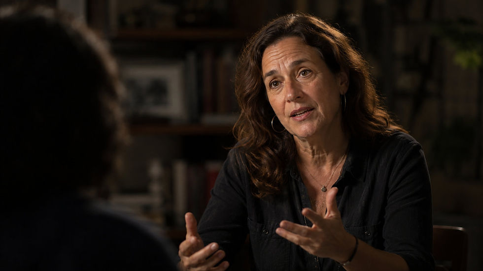 Documentary interview subject speaking candidly, mid-gesture, with genuine emotion during a filmed conversation