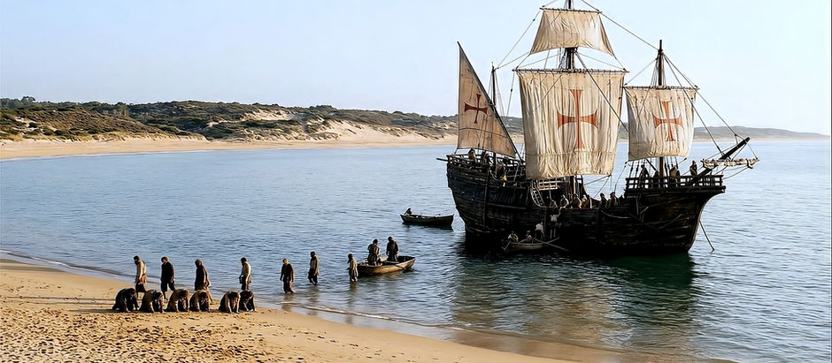 AI-recreated scene of a 15th century Portuguese caravel landing at Porto Santo