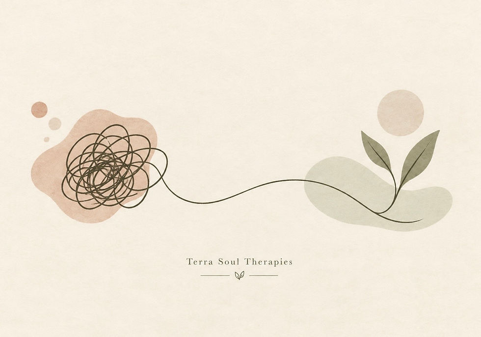 Abstract Terra Soul Therapies logo with tangled line flower and sprouting leaves in soft beige and green on cream background