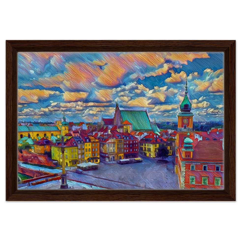 Vibrant cityscape painting of a historic European square with colorful rooftops and textured sky