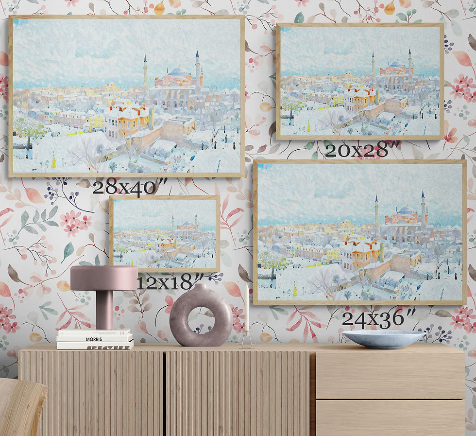 Thumbnail: Winter scene of Istanbul skyline with the Hagia Sophia covered in snow under a bright sky – Turkish cityscape wall art