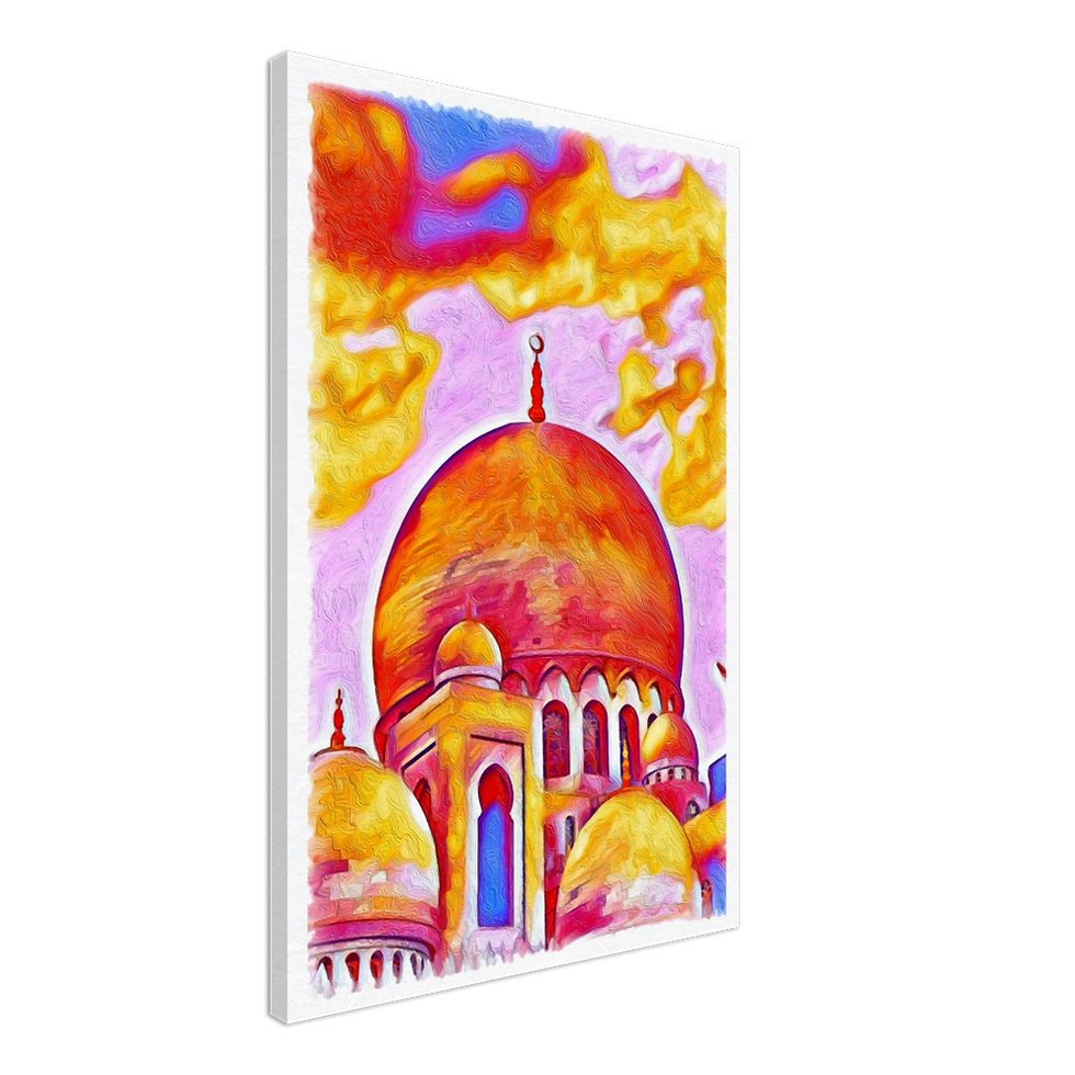 Thumbnail: Abstract mosque artwork with red and gold domes under a fiery orange and pink sky