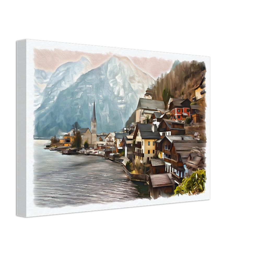 Charming lakeside village of Hallstatt, Austria with alpine houses and towering mountains – European travel canvas wall art