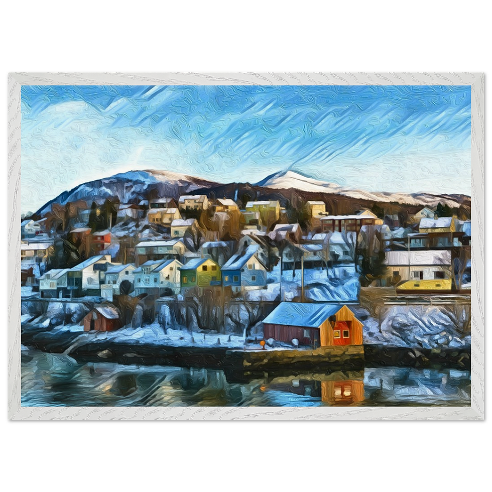 Thumbnail: Wall art of Colorful houses on a snowy hillside by the water, inspired by Norwegian fishing village