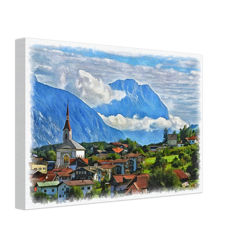 Charming alpine village with red-roofed houses and church steeple set against majestic mountain backdrop countryside wall art