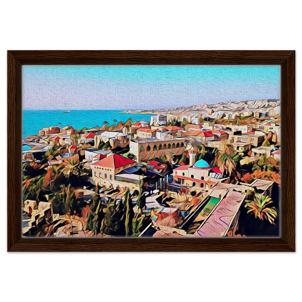 Digital painting of coastal Byblos with red rooftops, historic buildings, and the Mediterranean Sea - Lebanon wall art