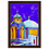 Thumbnail: Vibrant Santorini church framed wall art with blue domes and golden crosses against a purple sk
