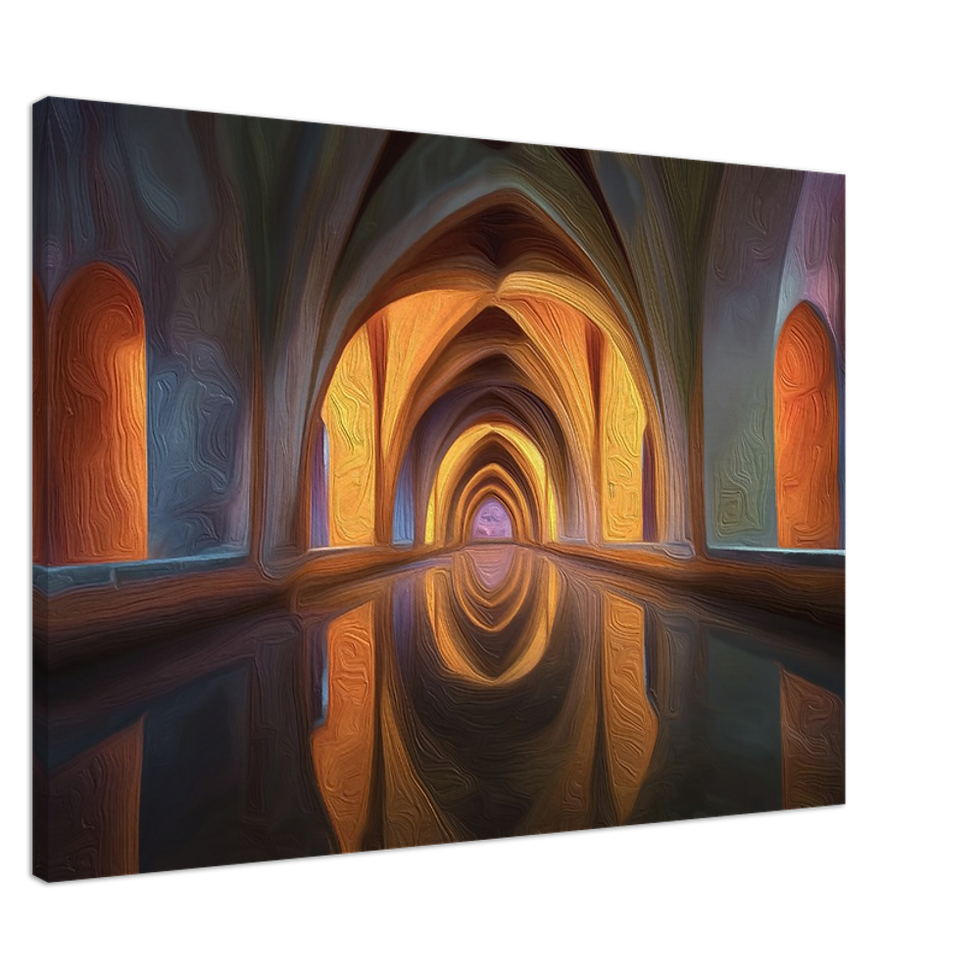 Thumbnail: Mystical arched chamber wall art with glowing passage and tranquil water reflections - Spain art print