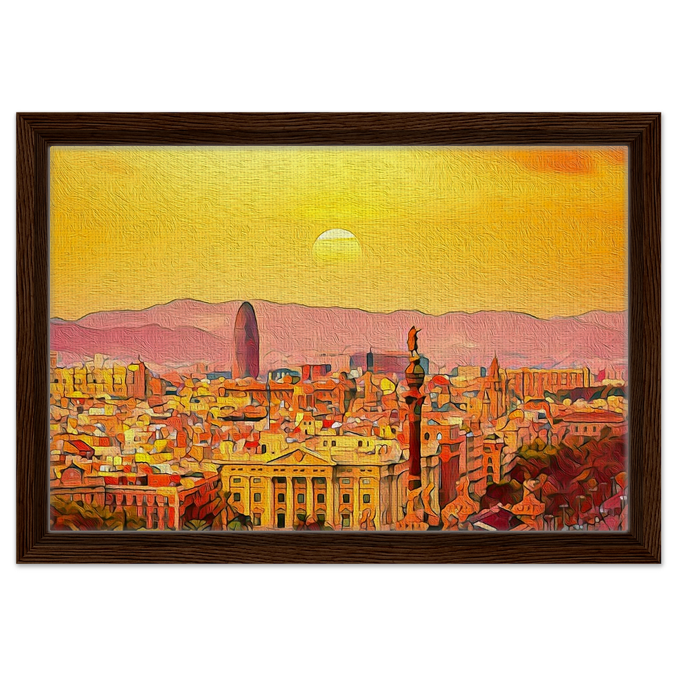 Barcelona skyline wall art with vibrant sunset over city landmarks and mountains - Urban Canvas Art