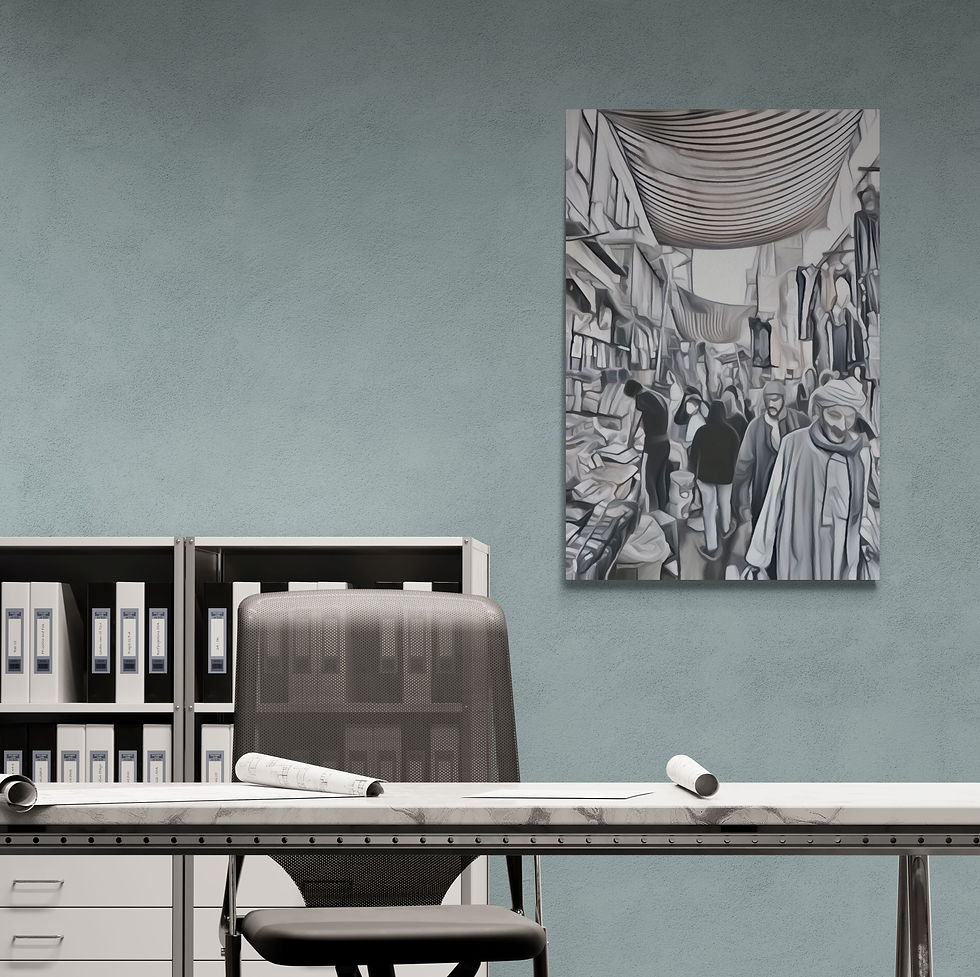 Thumbnail: Black and white of an old bazaar street filled with people and fabrics – Middle Eastern marketplace wall decor for office