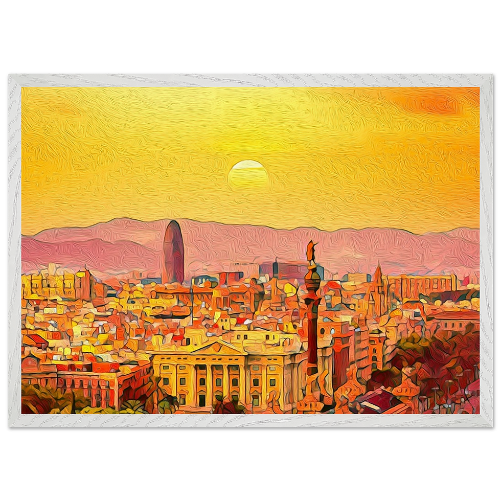 Thumbnail: Barcelona skyline wall art with vibrant sunset over city landmarks and mountains - Urban Canvas Art
