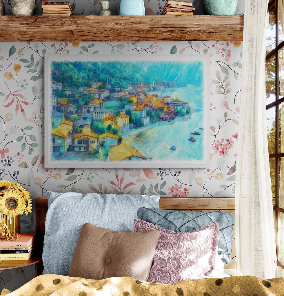 Thumbnail: painting of a picturesque Lake Como village, Italy featuring colorful buildings cascading down a hillside to the blue water