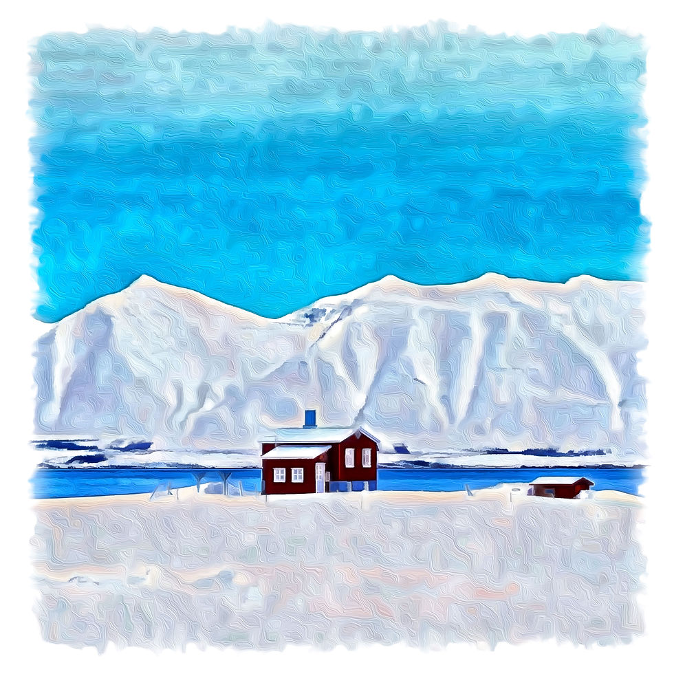 Thumbnail: Minimalist winter scene with snow-covered mountains and red house near a frozen lake – Arctic landscape canvas
