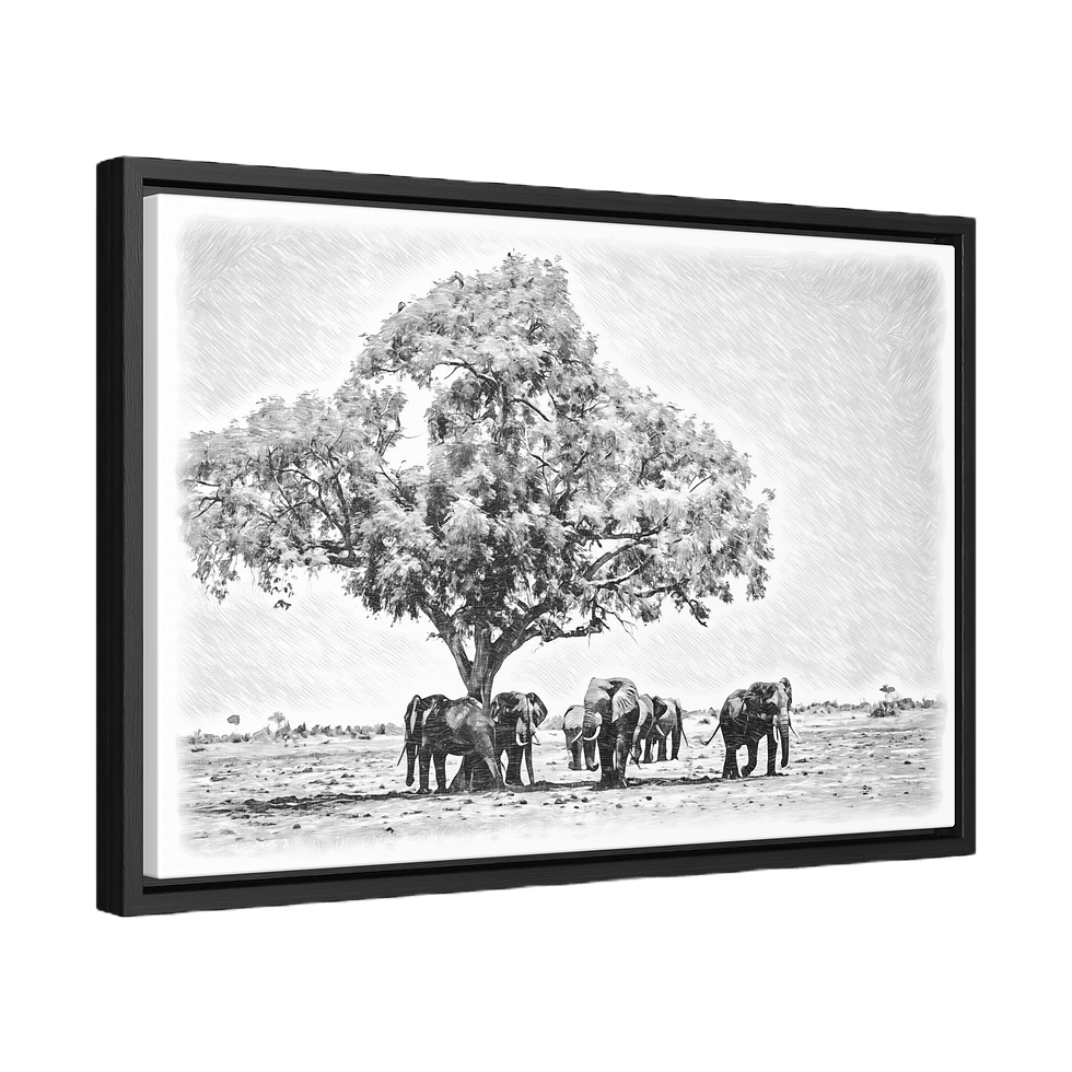 Thumbnail: Black and white pencil sketch of elephant herd resting under a large tree in the African savannah – wildlife wall art