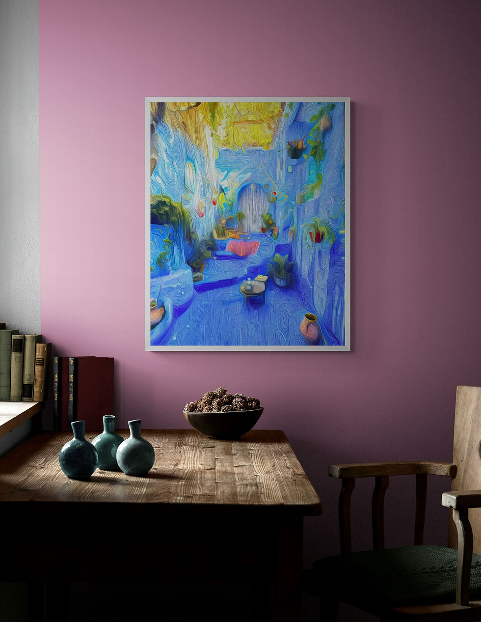 Thumbnail: Dreamy alleyway in Chefchaouen with vivid blue architecture, steps, and hanging greenery – bohemian Moroccan wall print