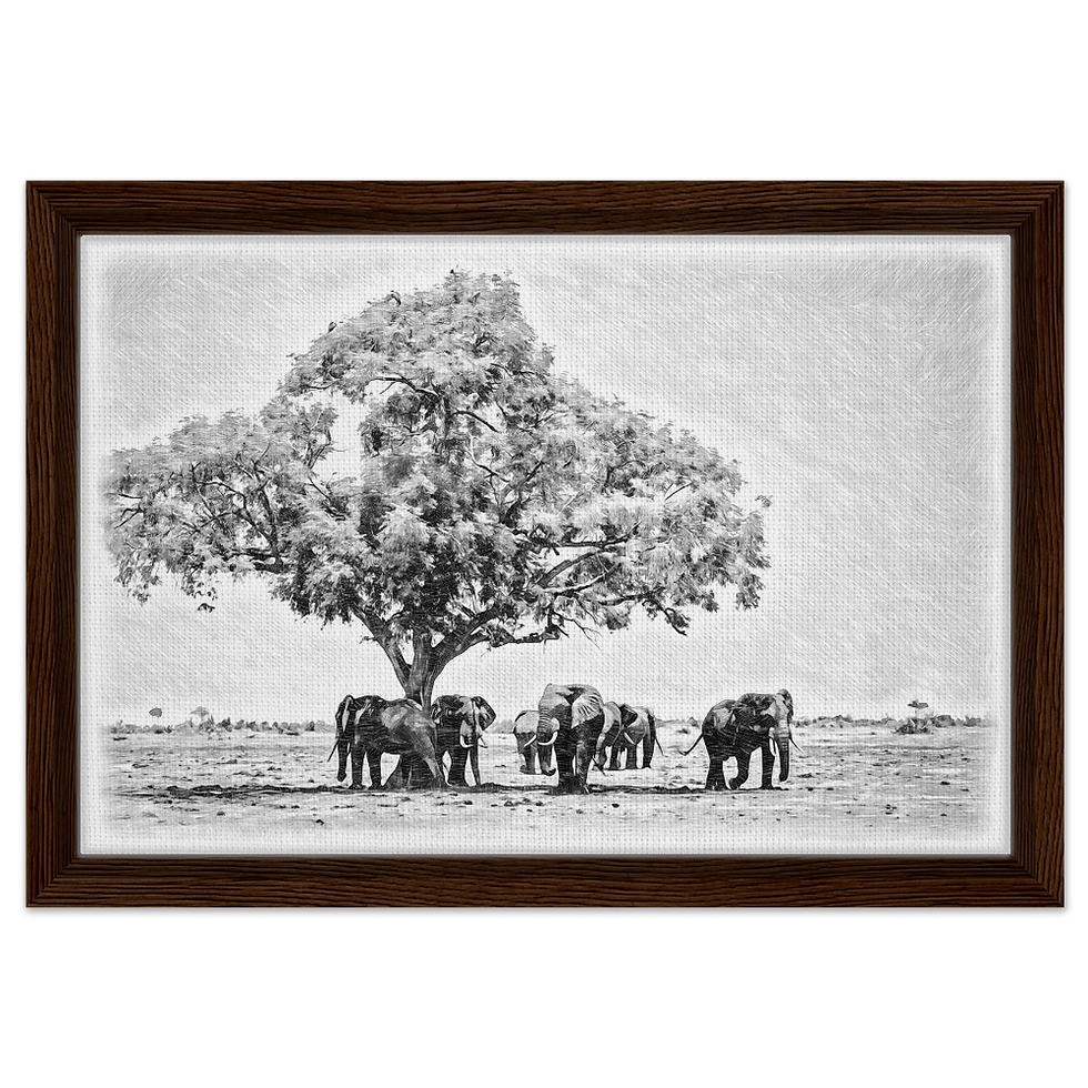 Black and white pencil sketch of elephant herd resting under a large tree in the African savannah – wildlife wall art