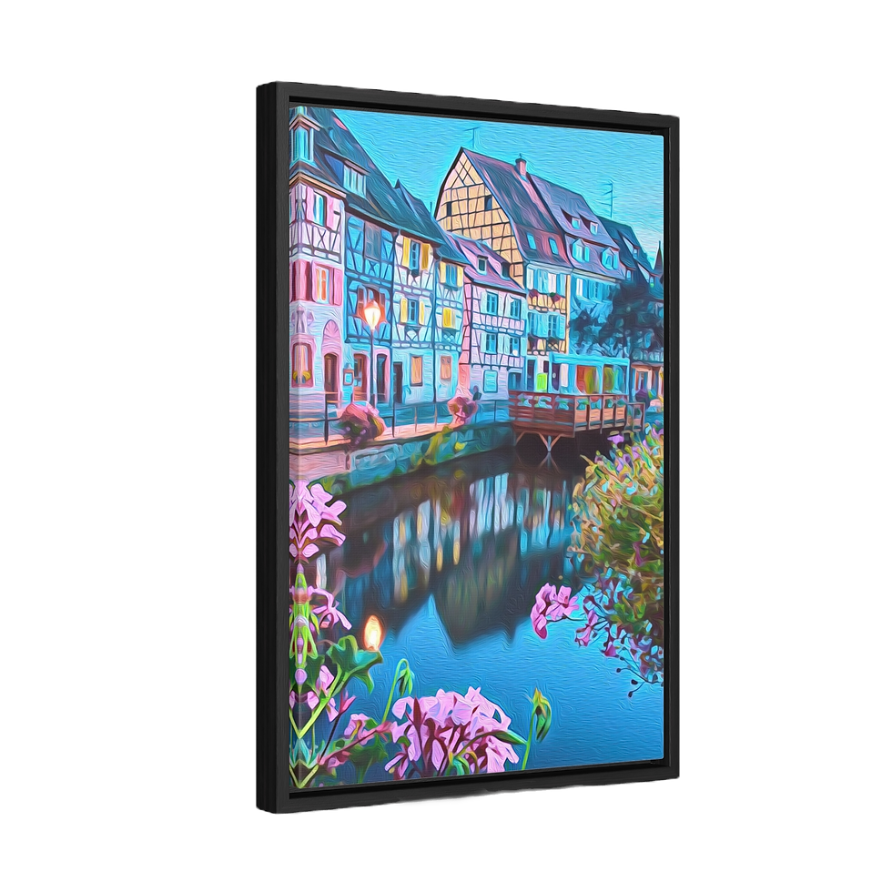 Thumbnail: Picturesque French town wall art with flowers, historic homes, and calm water