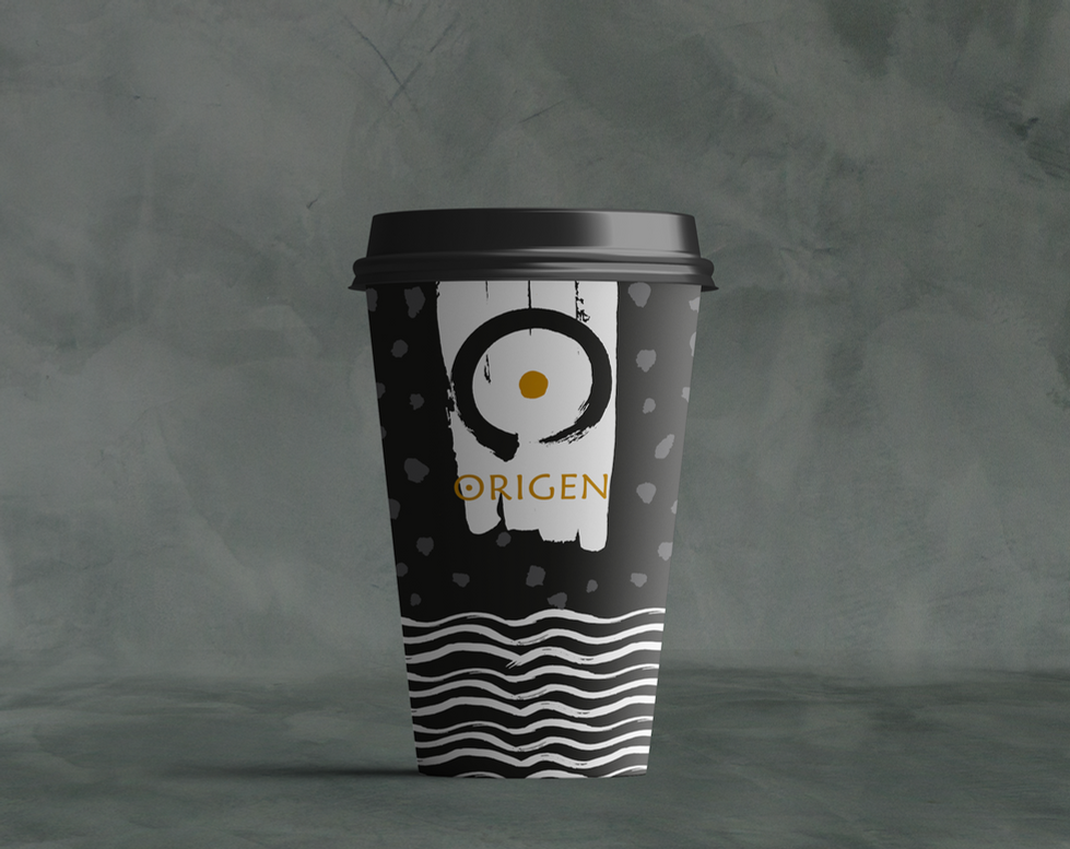 Vaso para bebida con el logotipo del restaurante Origen.