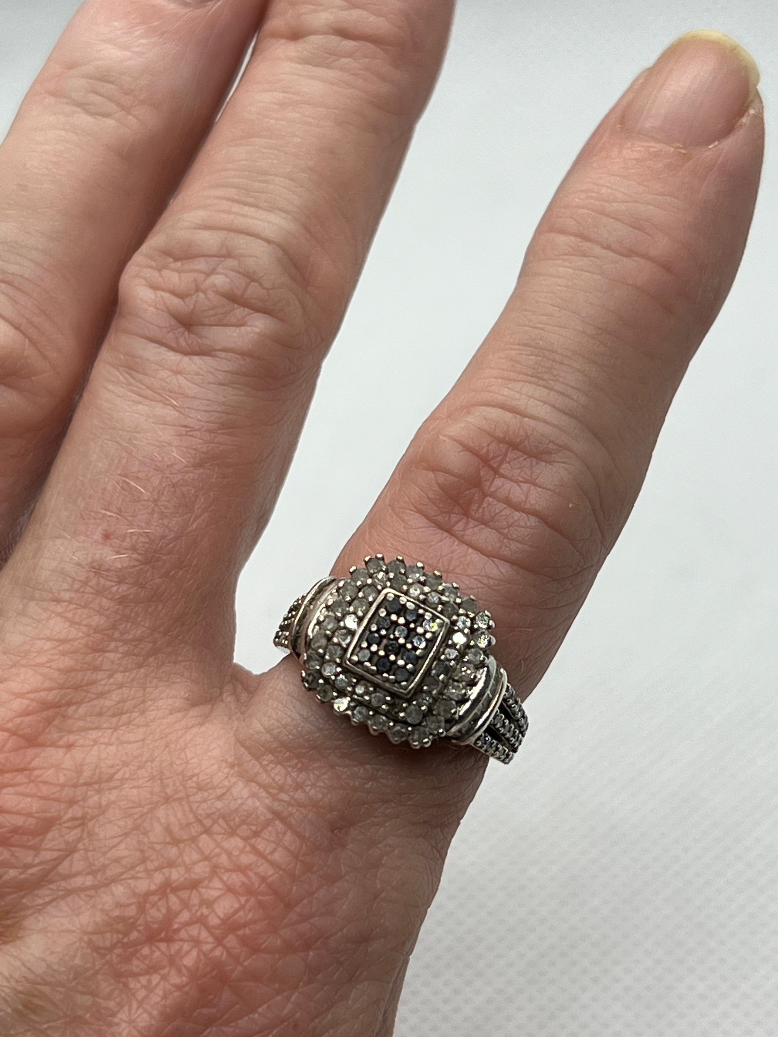 Designer Big Black and White Diamond Sterling Silver Ring