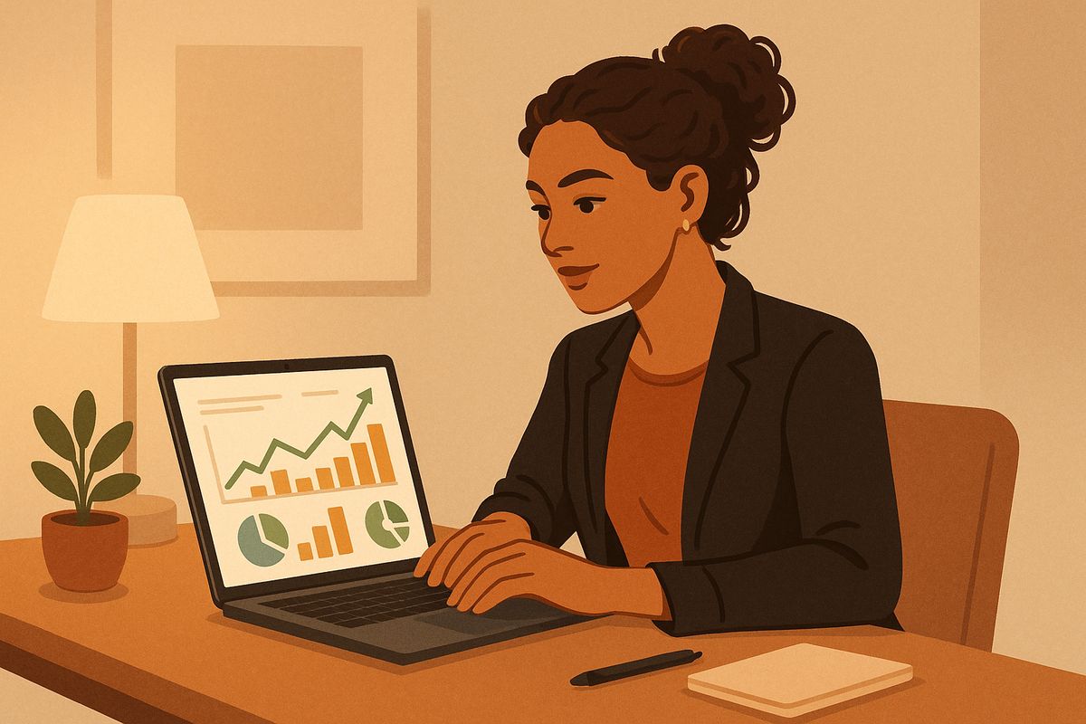 Creator reviewing investment portfolio on laptop at modern desk