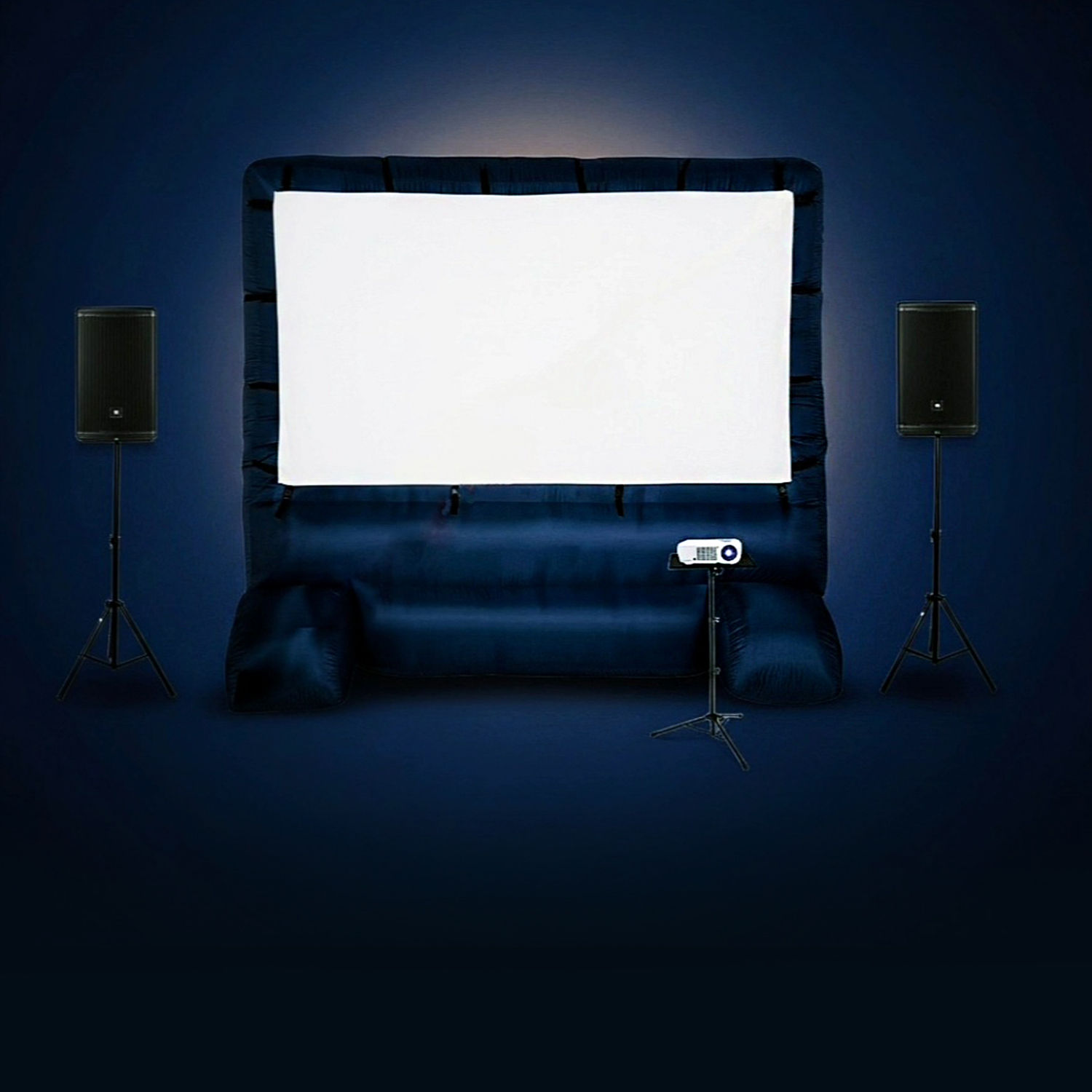 Outdoor theater rental with inflatable screen, projector, and speakers setup