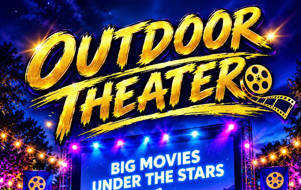 Outdoor theater rental with inflatable screen, projector, and speakers setup
