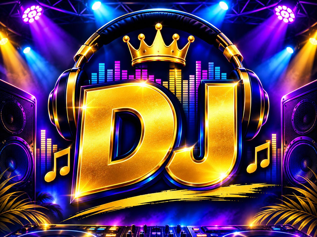 DJ table with speakers on stands and overhead party lights setup