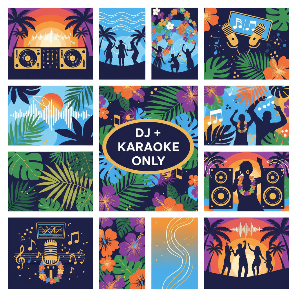 DJ + karaoke tropical collage with dancers, mics, speakers, waves