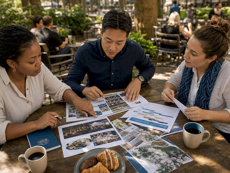 Event planners collaborating with brochures and tablets