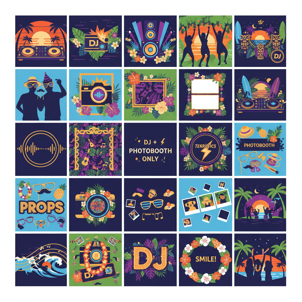Tropical DJ and photobooth collage with props, frames, and dancers
