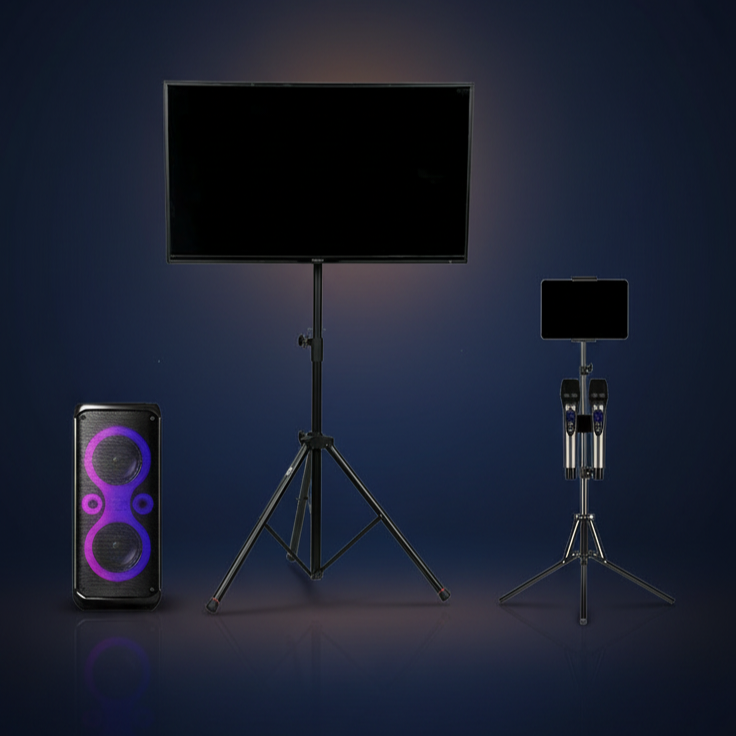 Karaoke rental setup with speaker, TV on tripod, and tablet stand