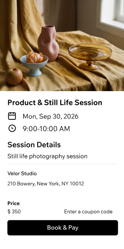 Booking page for a product and still life photography session at Velor Studio, priced at $350 with a Book and Pay button