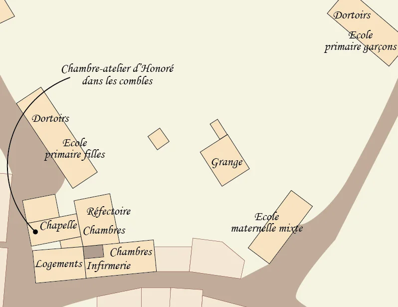 Plan du couvent de Saint-Cyprien-sur-dourdou dans les années 50
