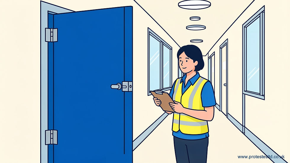 Facilities manager in a hi-vis vest with a clipboard checking an open blue fire door in a commercial corridor, where the door is hung on only two hinges, one near the top and one near the bottom