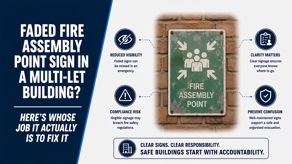 Faded Fire Assembly Point Sign in a Multi-Let Building Here's Whose Job It Actually Is to Fix It