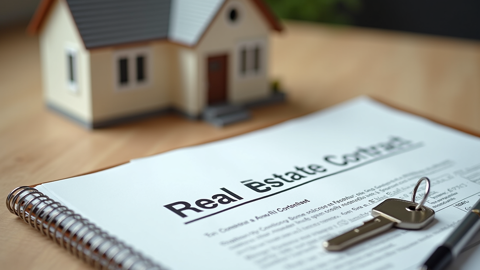 Close-up view of a real estate contract and house keys on a wooden table