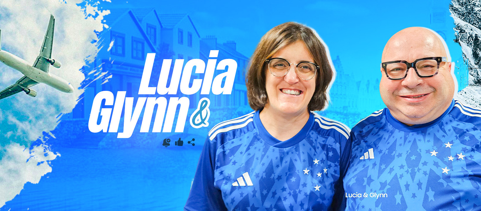 Lucia and Glynn smiling, with the text "Lucia & Glynn" on a blue background.