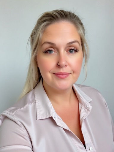 Blonde woman with light makeup smiles at the camera. Emerald City Behavioral Health.