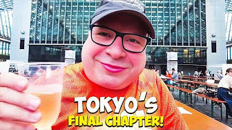 Glynn holding drink, Tokyo's Final Chapter text, people in background. Our Adventures.