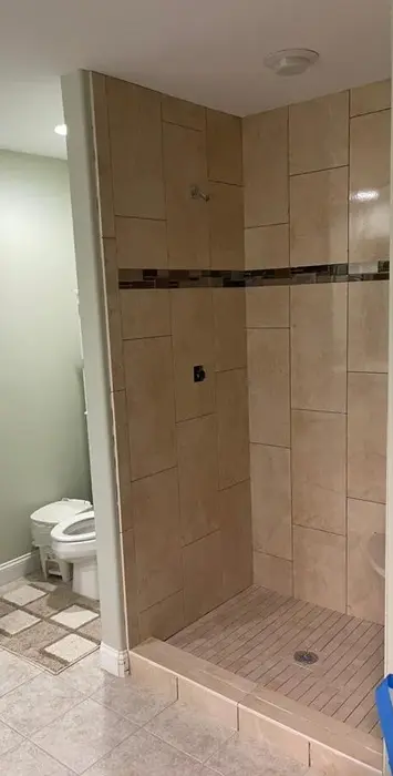Tiled shower and toilet in renovated bathroom