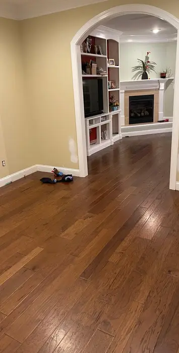 Room with hardwood floor and arched doorway to living room with fireplace.