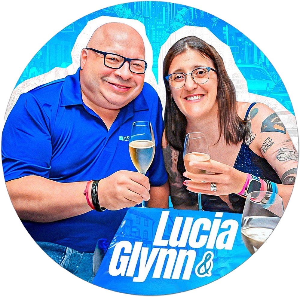 Lucia and Glynn toast with champagne glasses; Lucia Glynn & logo