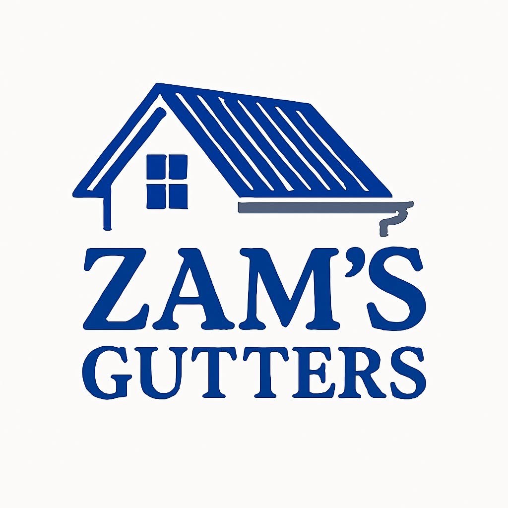 Blue house logo with text: Zam's Gutters. Professional gutter service, Zam's Gutters.