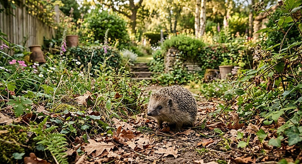 Un hérisson d'Europe avançant sur un sentier couvert de feuilles mortes au milieu d'un jardin verdoyant et fleuri.