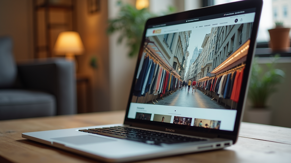 Eye-level view of a laptop screen showing a colourful online clothing store