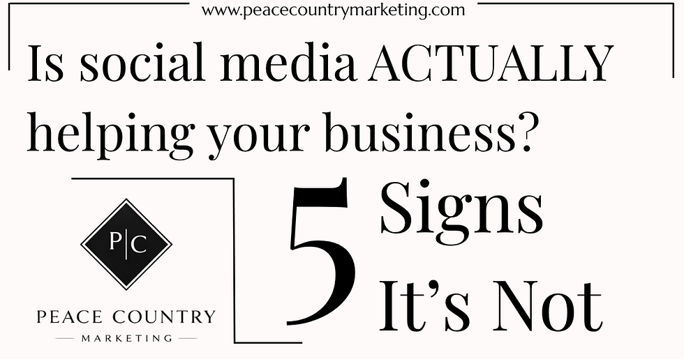 A graphic with the text "Is social media actually helping your business? 5 signs it's not" as well as the peace country marketing logo