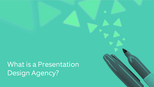Turquoise background with floating green triangles and a pen tip pointing upward. Text reads: "What is a Presentation Design Agency?"